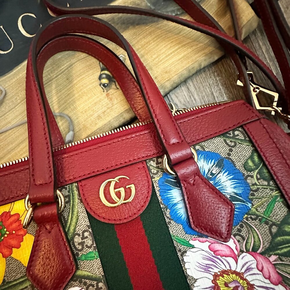 Gucci Red and Green Floral Tote Bag